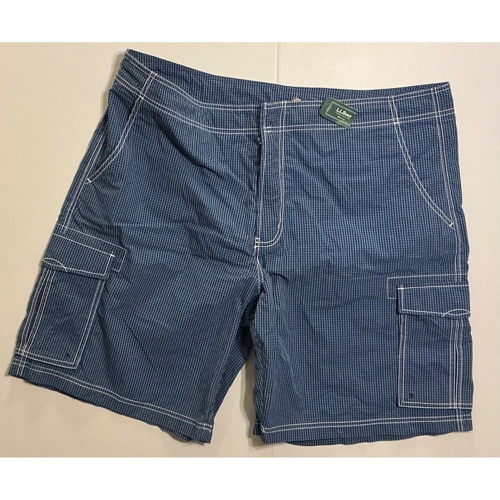 LL Bean Mens Board Shorts Swim Trunks Baggy Cargo Pockets Blue Gingham Sz 42